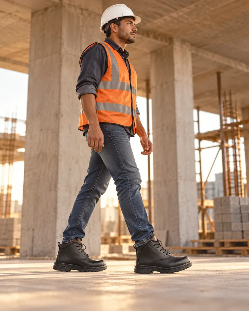 Recreación publicitaria de calzado de trabajo: construcción
